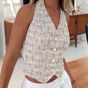 DAZY Pastel Rainbow Tweed Halter Top Button-Up Vest
